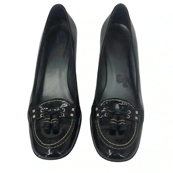 STUART WEITZMAN HEELS WOMENS 7.5 BLACK PATENT LEATHER TASSEL KITTEN - Picture 3 of 14